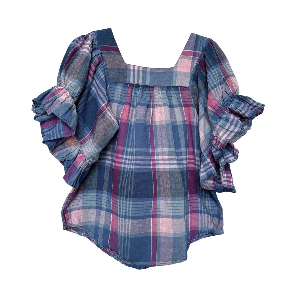 Rails Plaid Ruffle Puff Sleve Cottagecore Cottage Blouse Top Shirt Short Sleeve